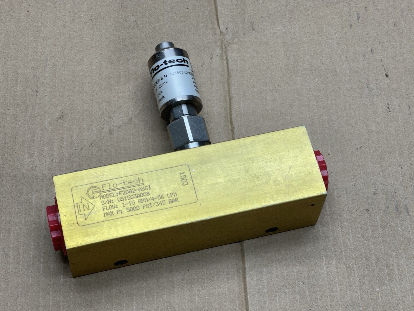 Flo-tech F2082-ASCI 1-15 GPM 5000 PSI Turbine Flow Meter Manifold & Transducer