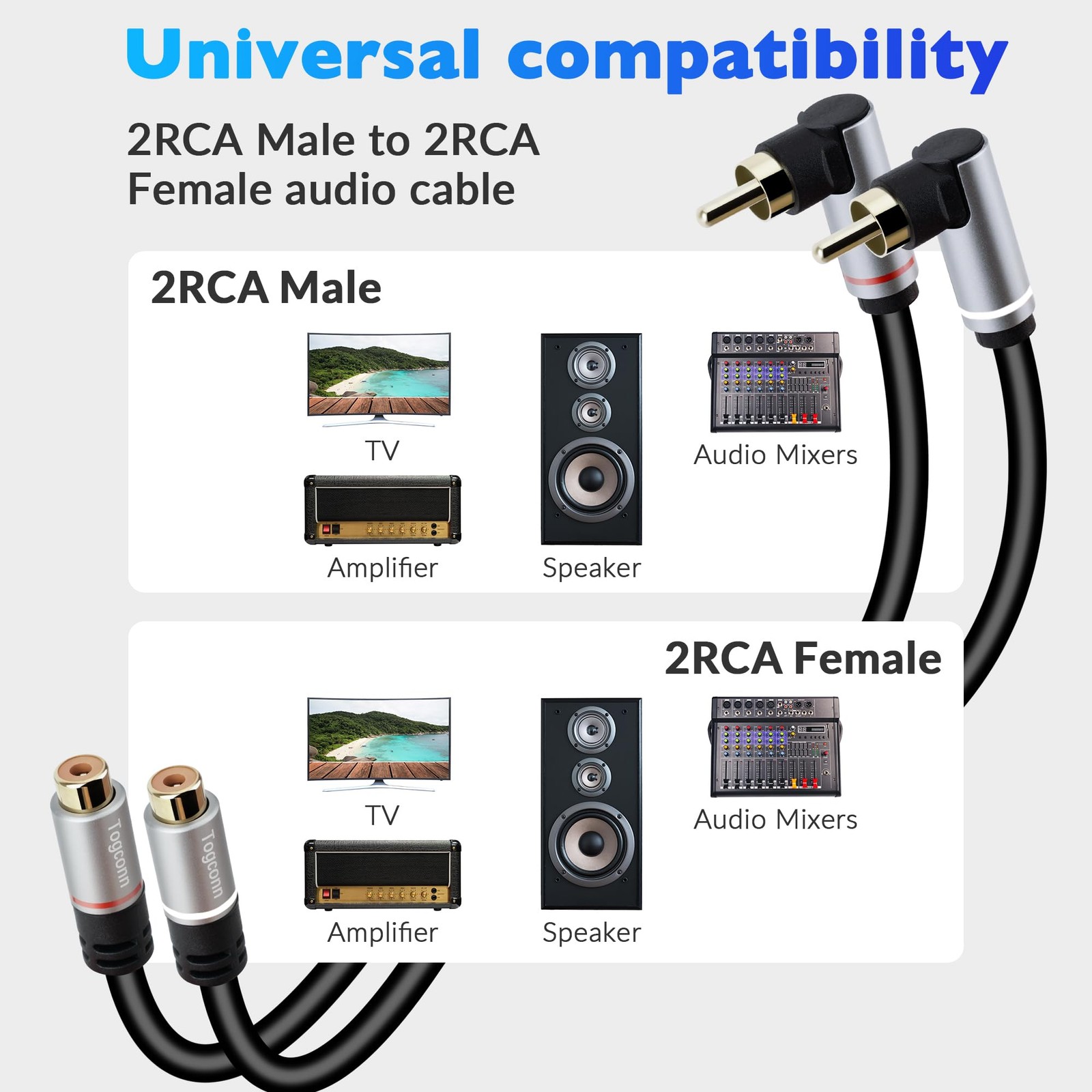 Togconn RCA Extension Cable, 2RCA Male to 2 Female Stereo 2 Feet, Black
