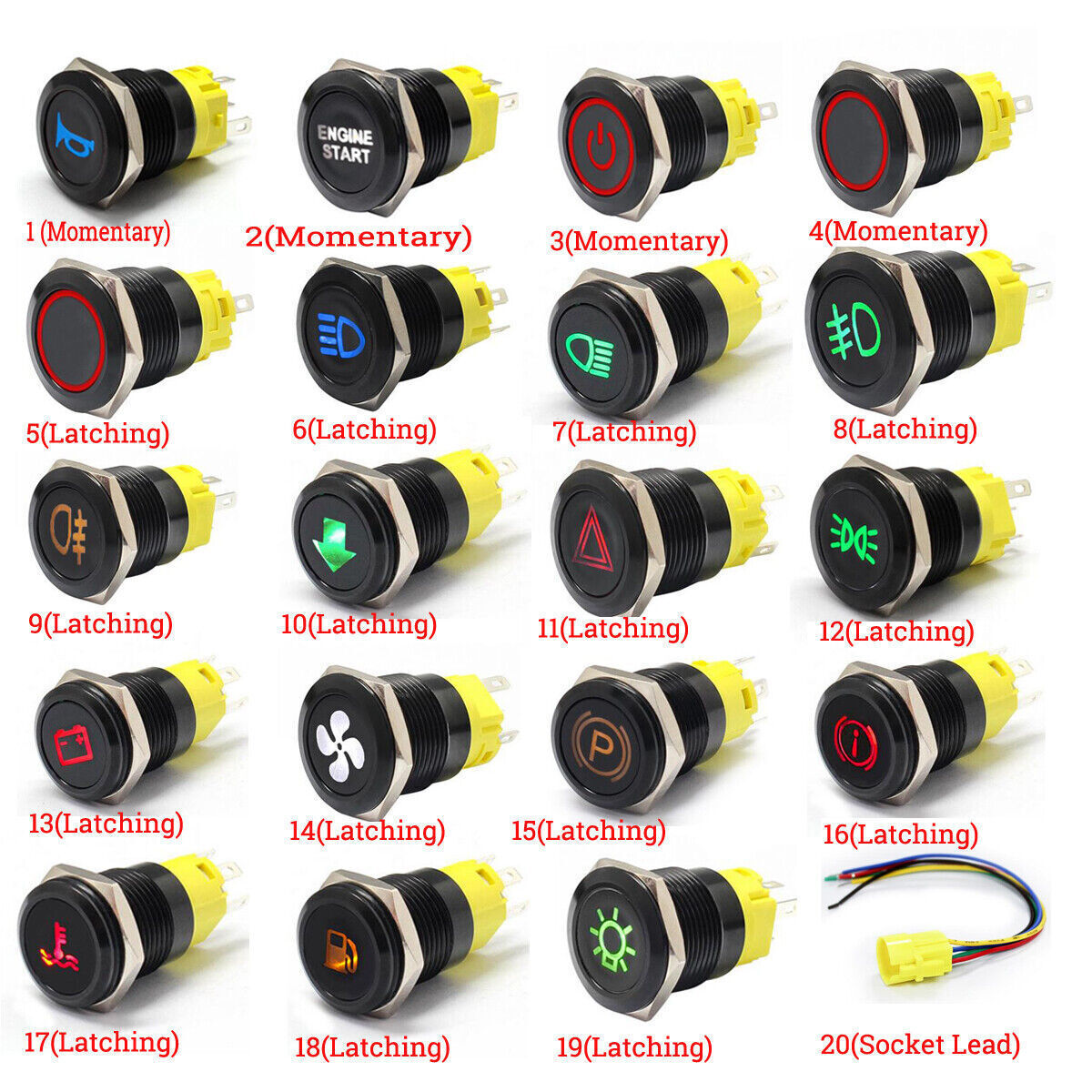 19mm LED Push Switch Button Latching/Momentary 12V/24V Marine Boat Truck RV Car