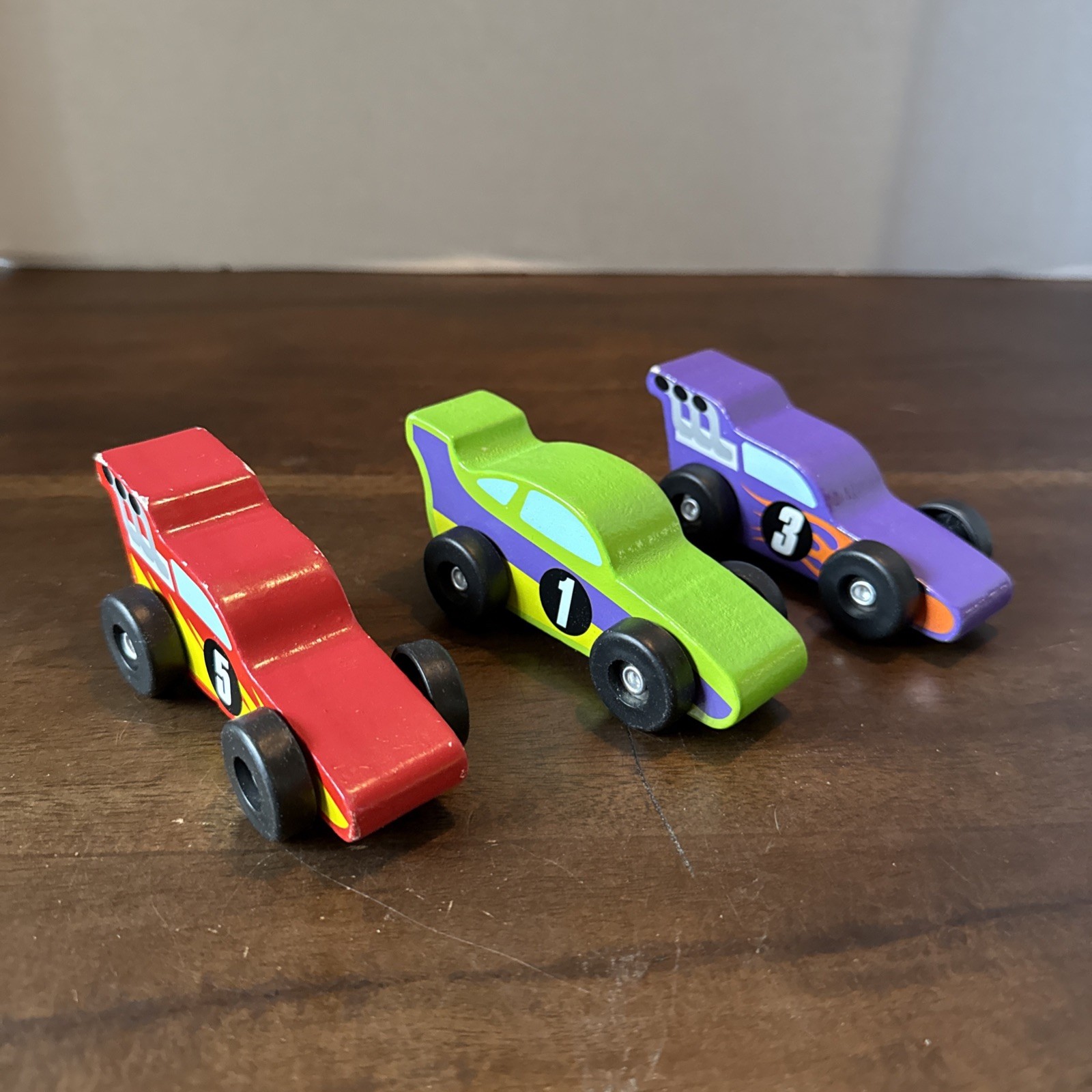 Wooden Railways Race Cars Lots Of 3 Purple Red Green, Plastic Wheels