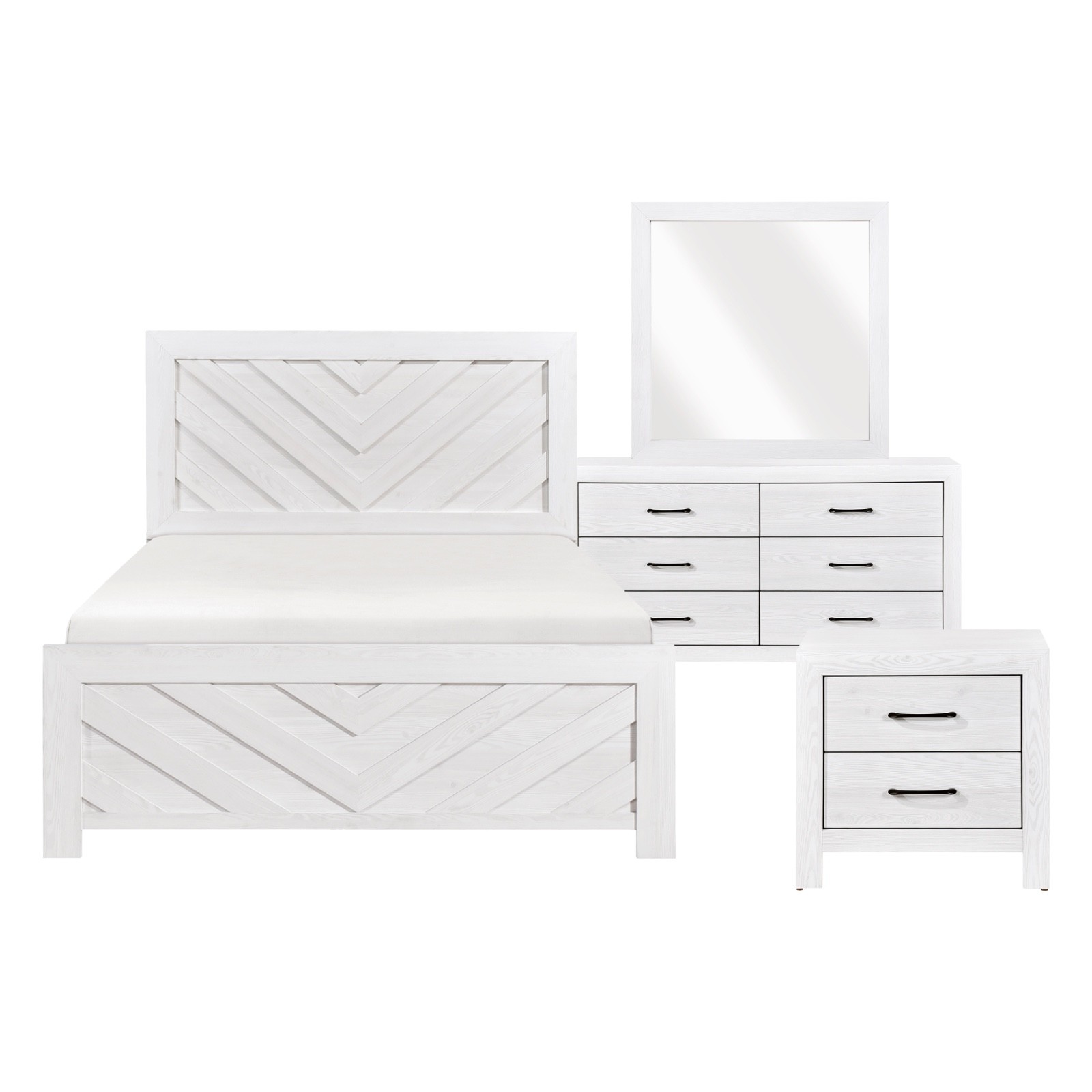 4 PC RUSTIC WHITE FINISH 'V' DESIGN QUEEN BED NS DRESSER BEDROOM FURNITURE SET