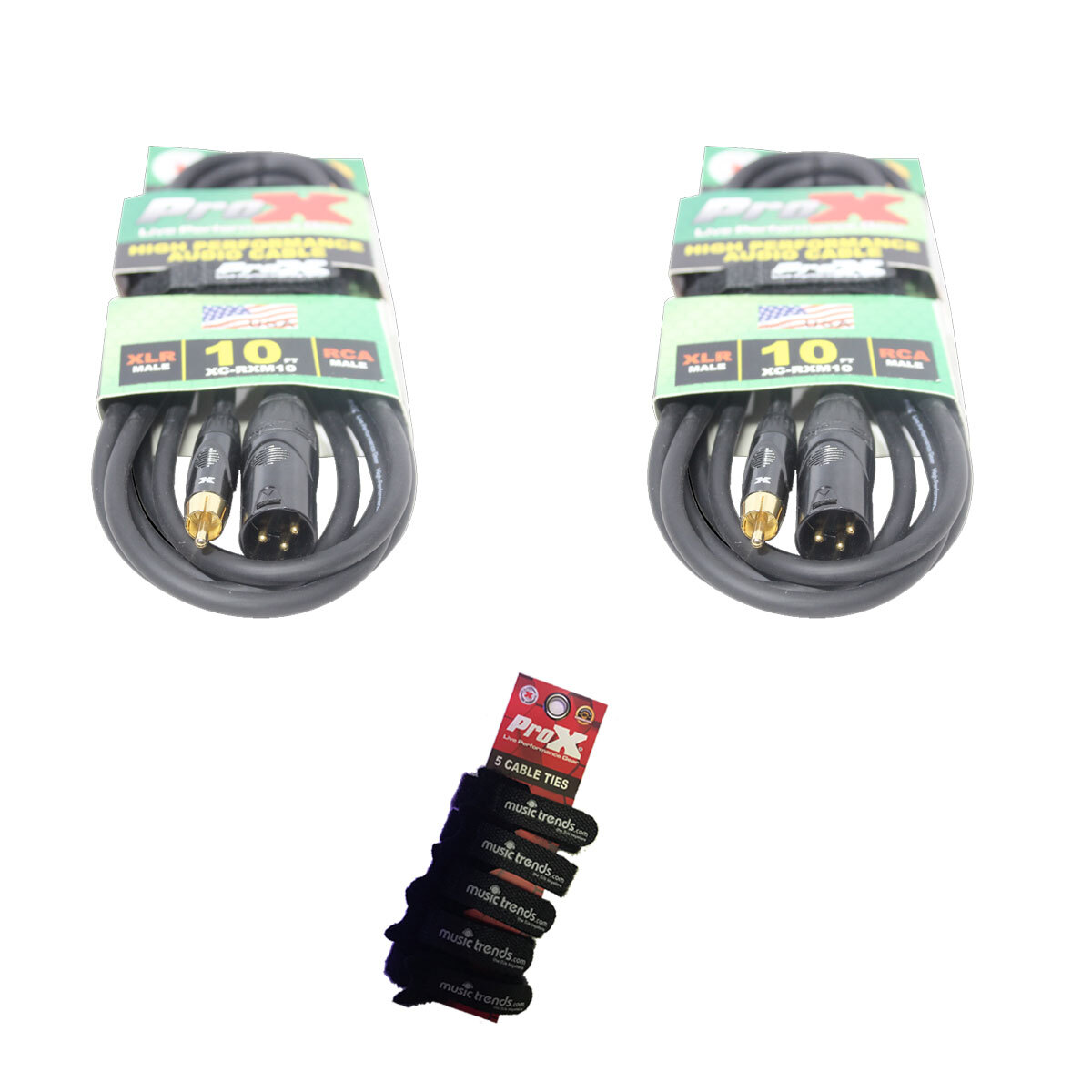 2 Pack Pro X 10 Ft. Unbalanced RCA to XLR3-M Audio Cable w/Cable Wraps