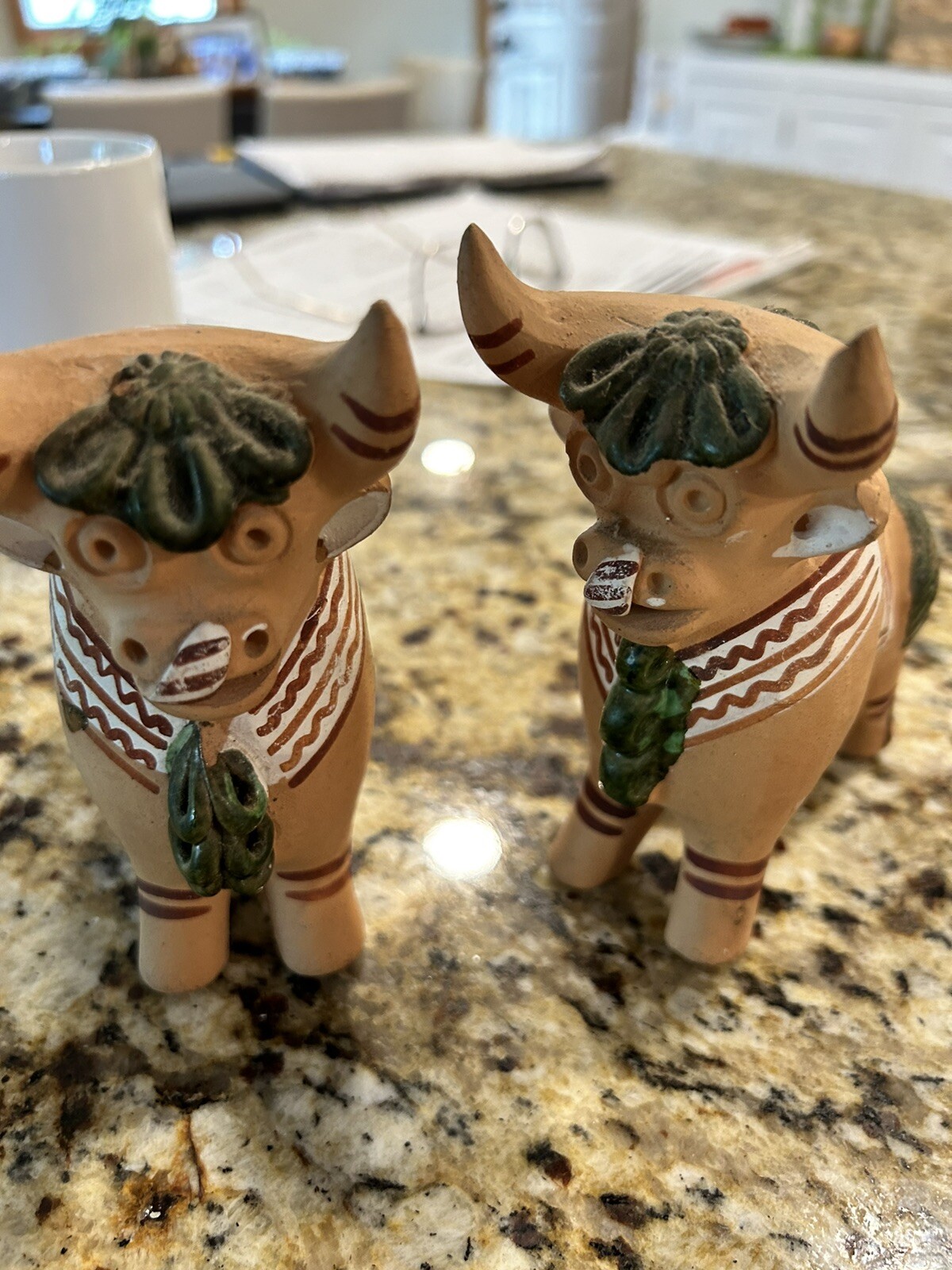 Set Of 2 Peruvian Ceramic Bulls Hand Made Decorative Folk Art Figures