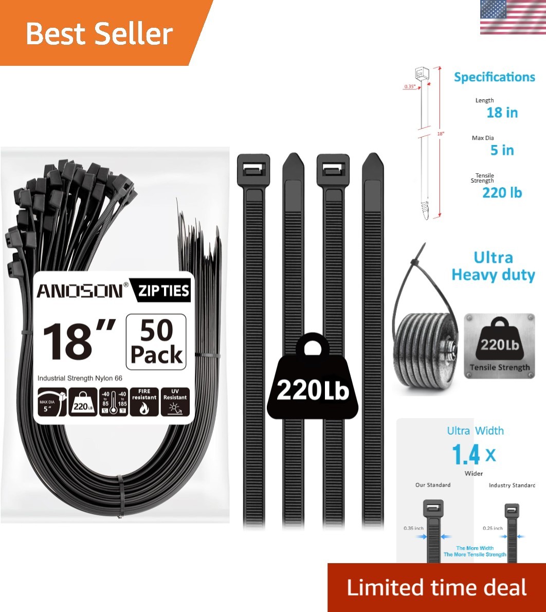 Heavy Duty 18 Inch Zip Ties - 50 Pack, 220 lb Tensile Strength, Black Nylon
