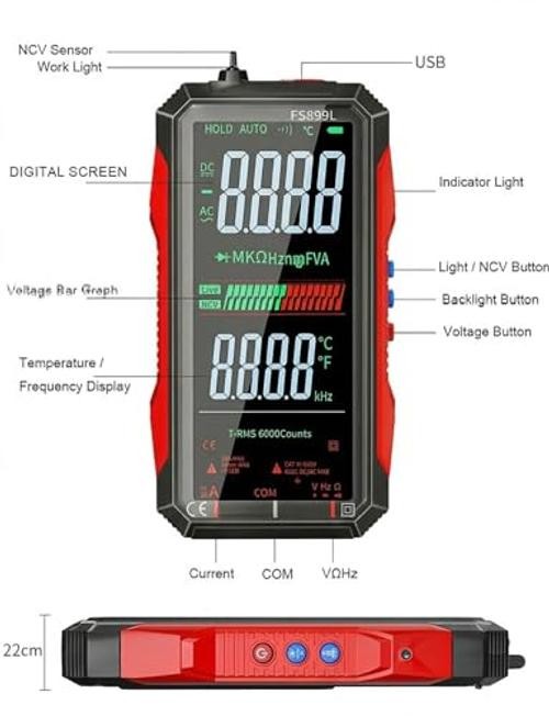 Rechargeable Digital Multimeter 6000 Counts True RMS Smart Tester with 5 Red