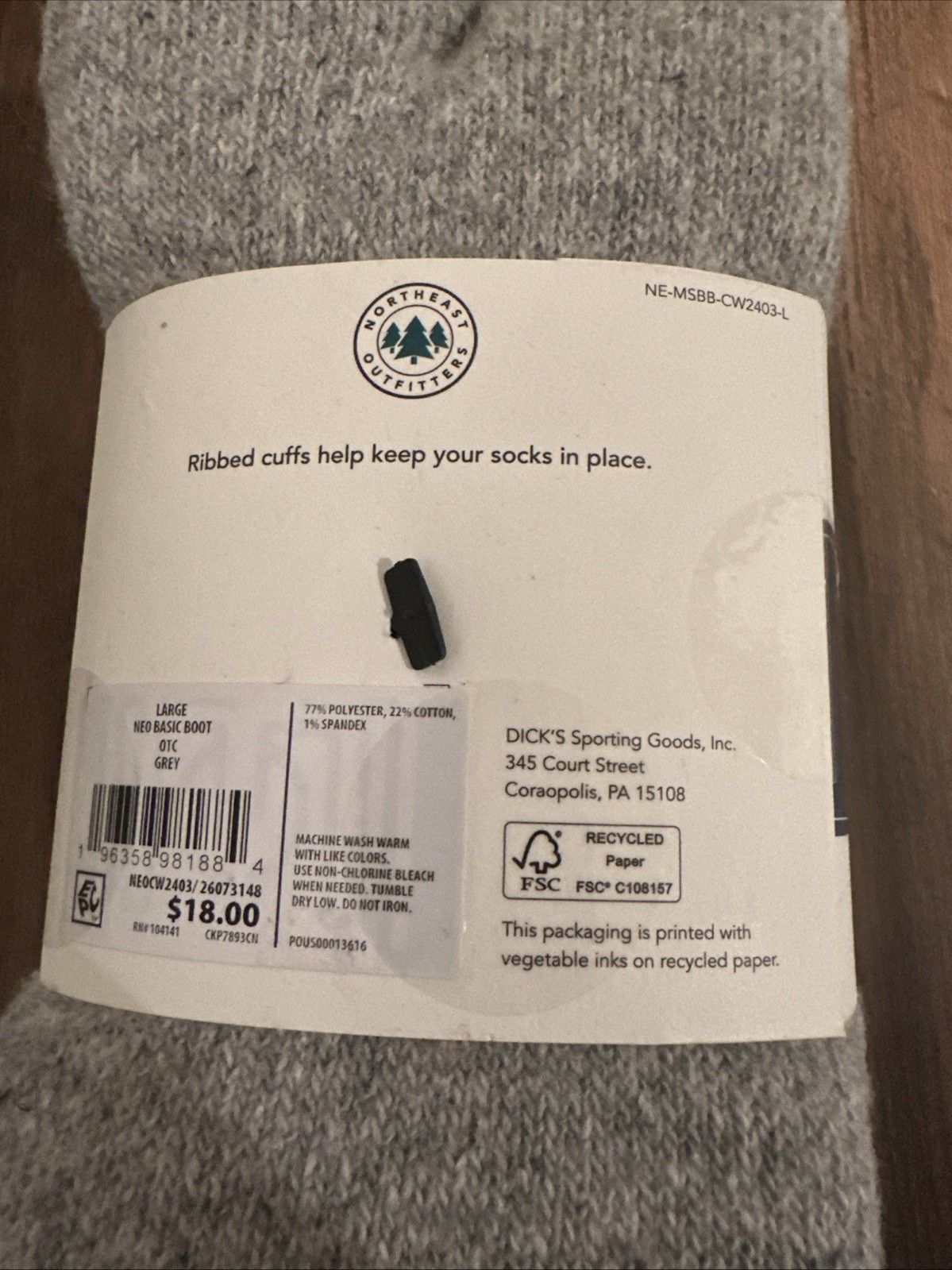 Northeast Outfitters Men's Boot Socks, 2 pack. Size Large 8-13. Ribbed Cuff