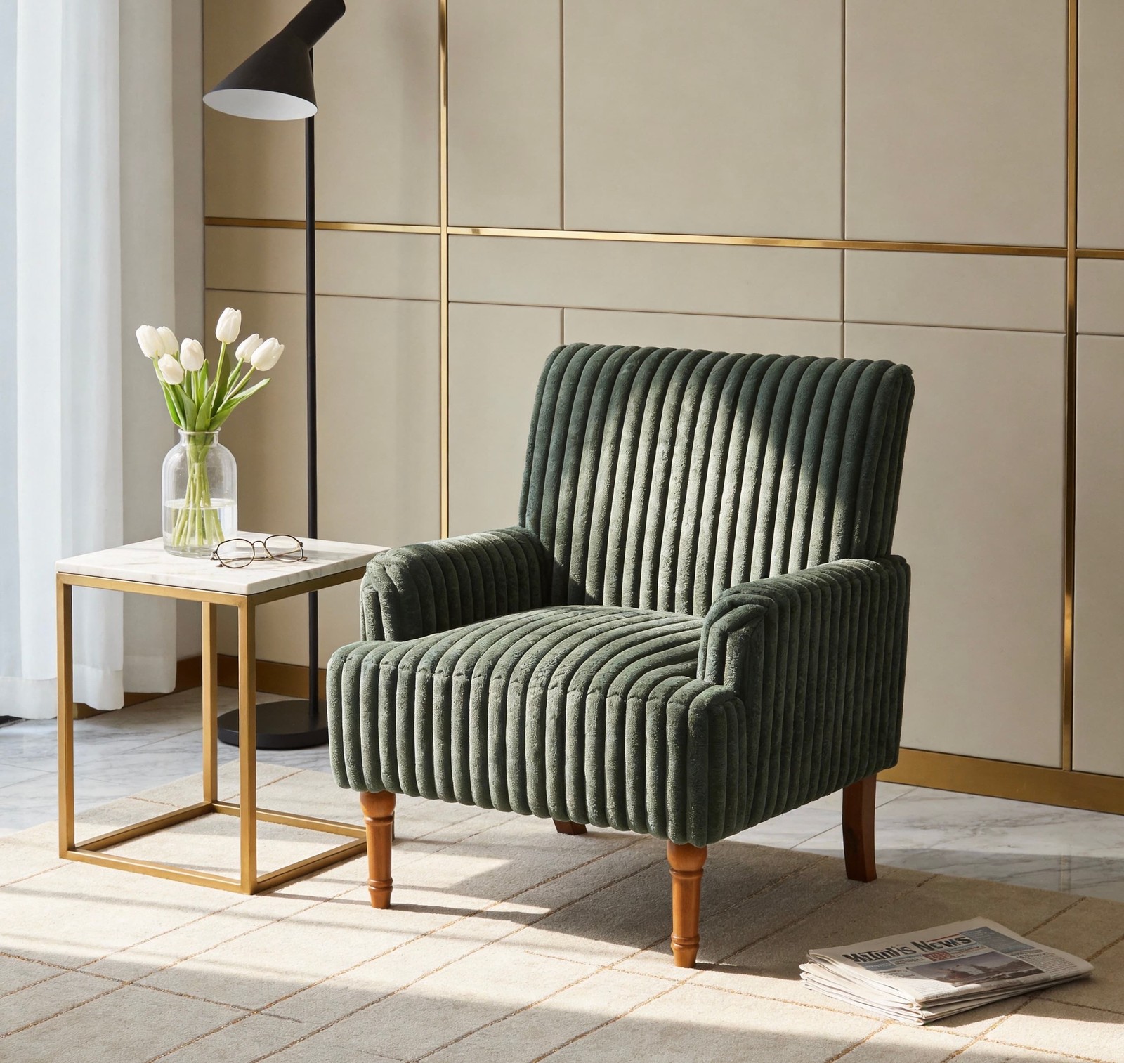 Wide Wale Corduroy Accent Chair Army Green Solid Wood Legs Comfortable Armchair