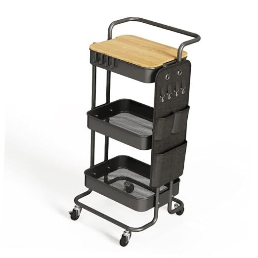 3 Tier Metal Utility Rolling Cart with Table Top and Side large-Metal Black
