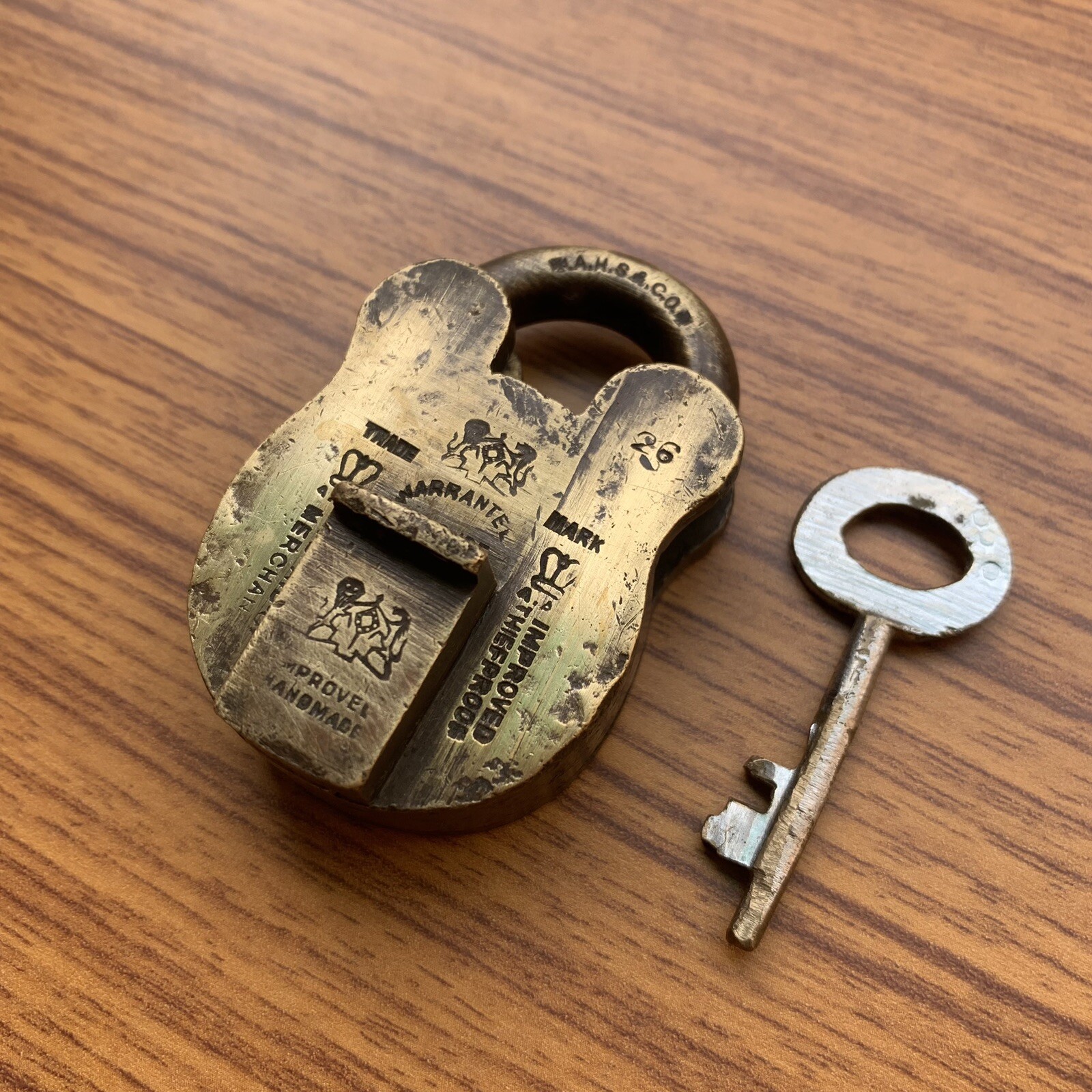 BRASS PADLOCK OR LOCK WITH KEY, OLD OR ANTIQUE, CROWN MARKING, ENGLISH MAKE.