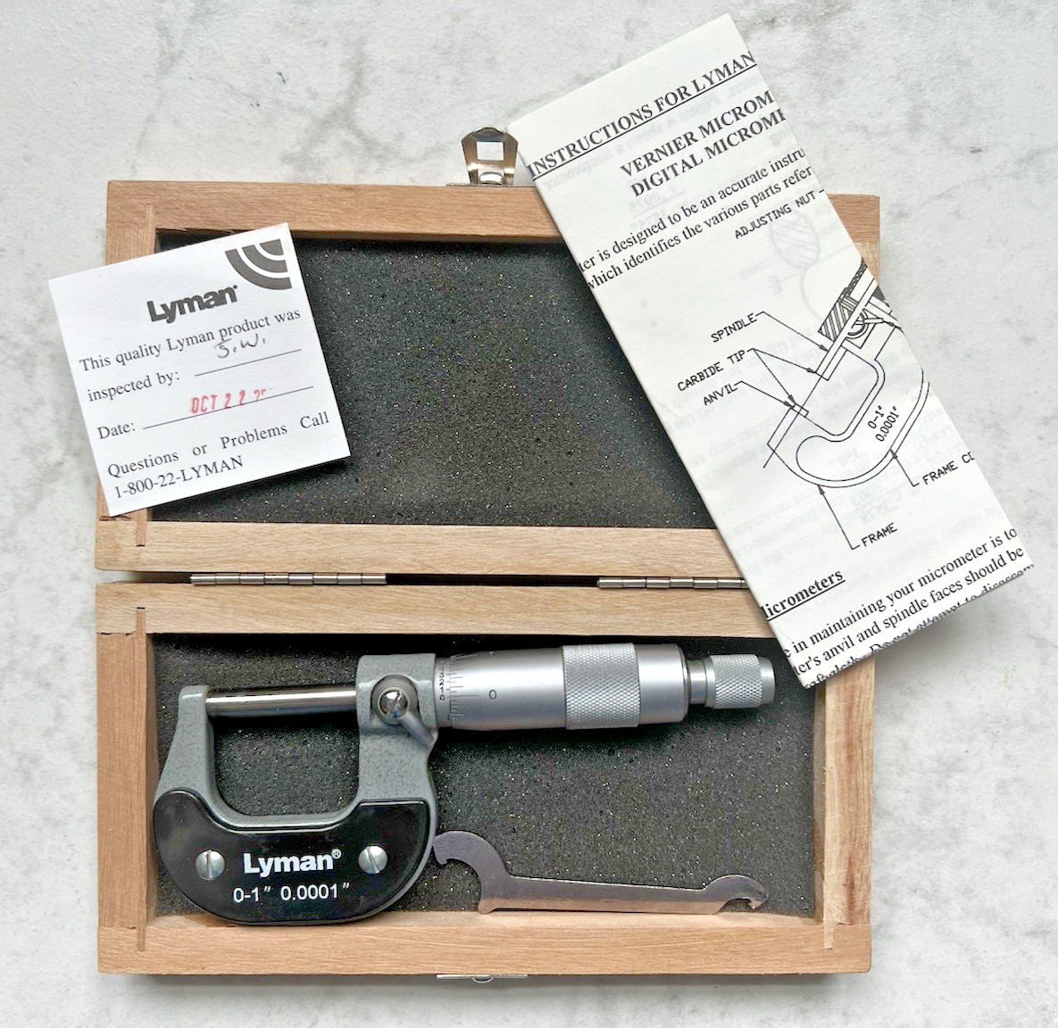 Lyman 0-1” Reloaders Micrometer Vintage Complete In Wood Box 7832230