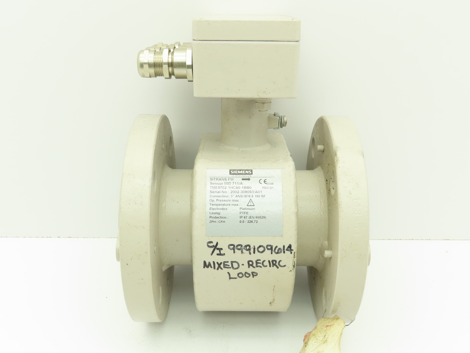 Siemens SITRANS FM MID 711/A Flowmeter Sensor Valve 3" Flanged 150# PTFE Lined