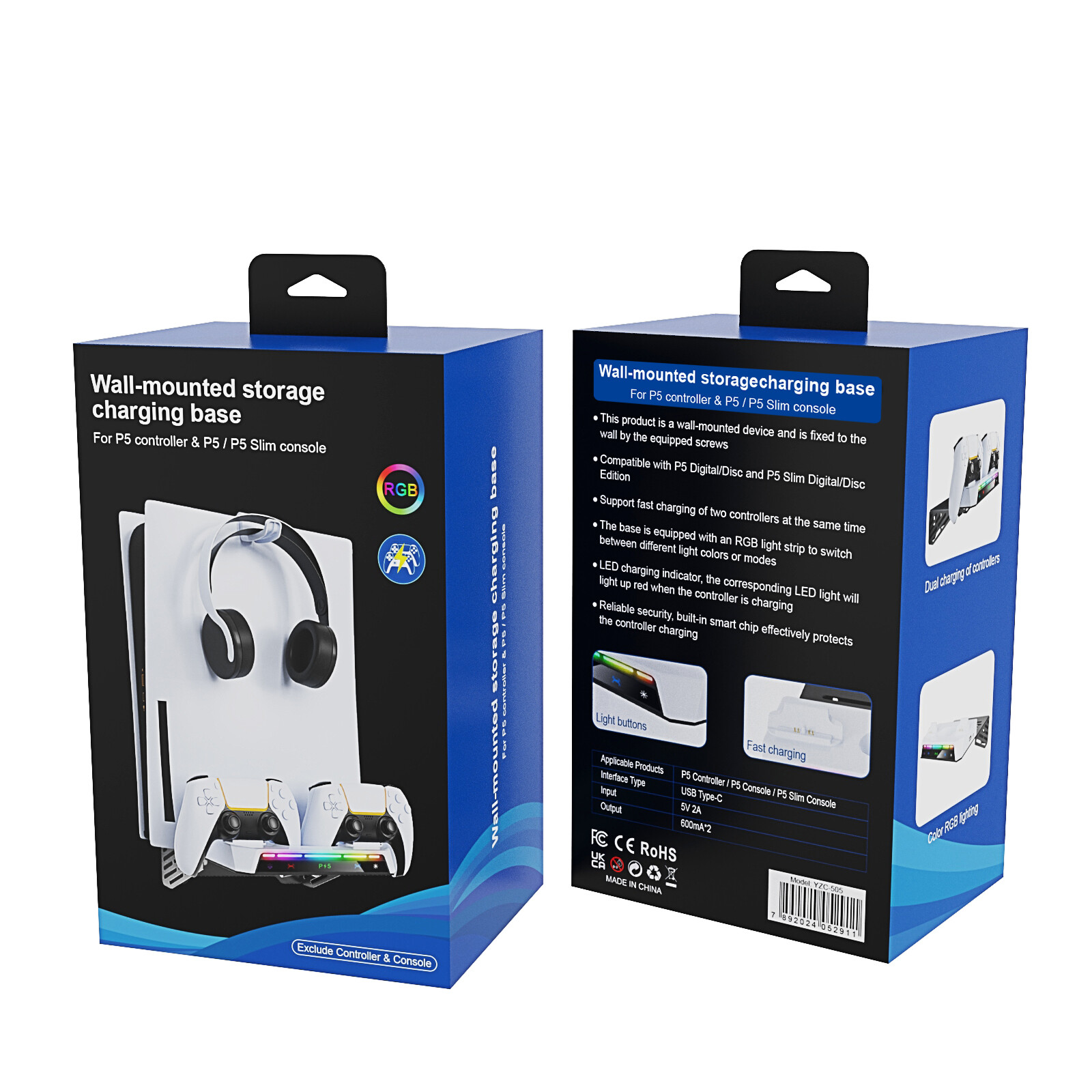 For PS5 Slim Console Wall Mount PS5 Gamepad Holder +RGB Light / Triangle Stand