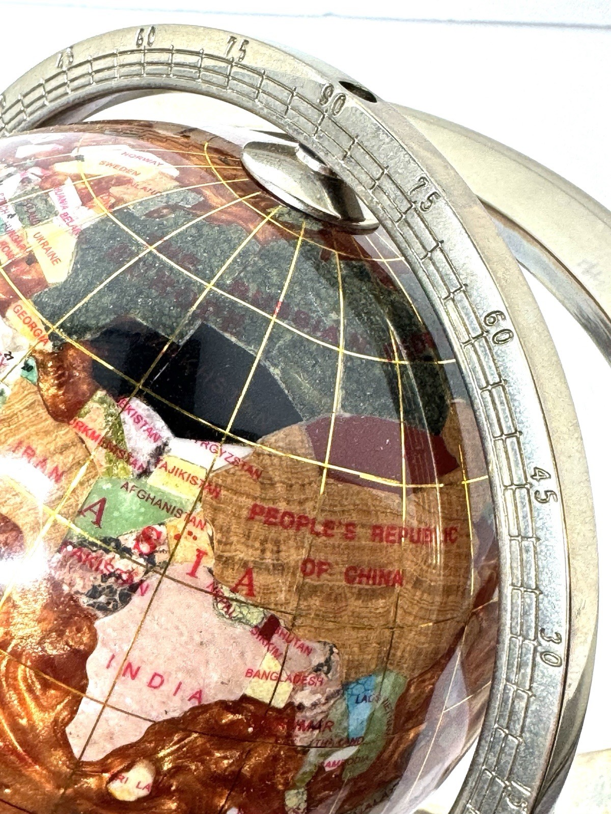 Vtg Kalifano Rotating Copper Amber Opalite Gemstone Globe Silver Stand
