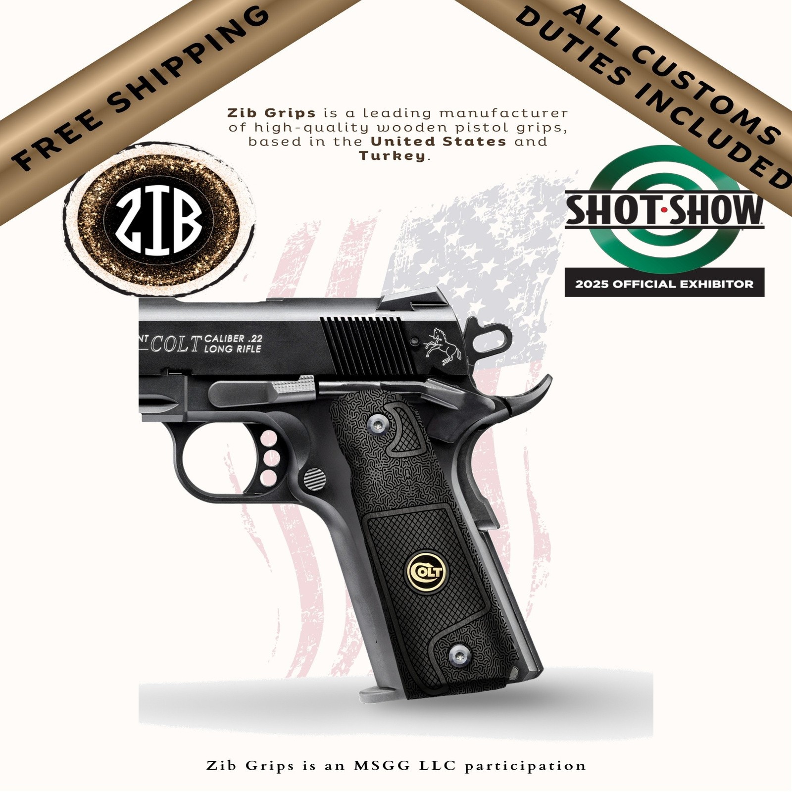 Zib Grips Wooden Series Pistol Grips for Colt 1911, Metal Medallion Logo