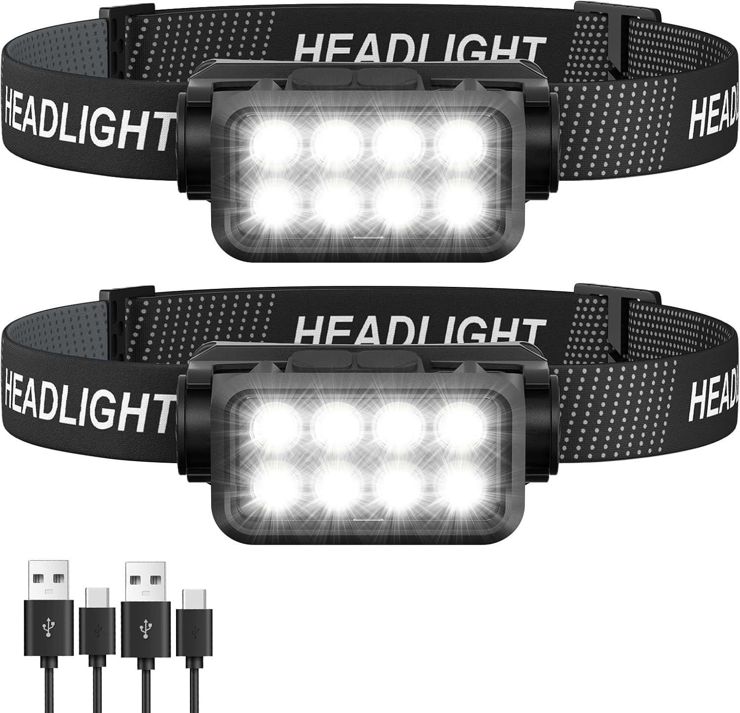 Lampara de cabeza recargable 2 Pack 8 LED 2500 lumenes ligera camping pesca