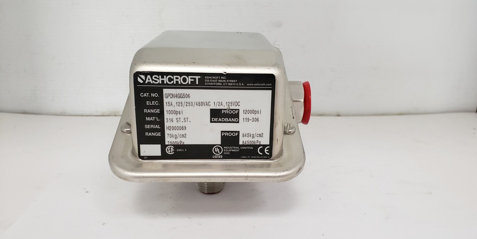 ASHCROFT GPDN4GGS06 PRESSURE SWITCH, 15A, 125/250/480VAC, 1/2A, 125VDC, NNB