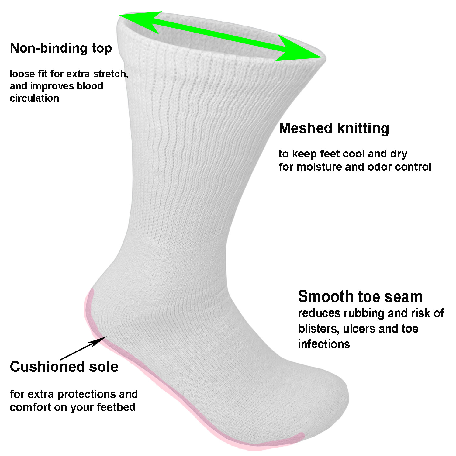 3-12 Pairs Men White Circulatory Diabetic Crew Mid Calf Socks Loose Fit Top 9-15