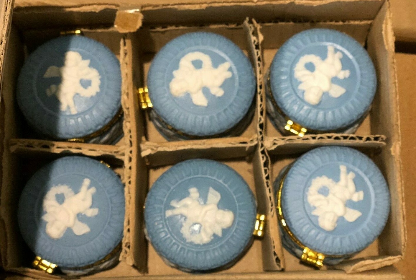 LOT 6 Wedgwood Blue Cupid roses Glass Cameo gift box for Earrings or Pendant