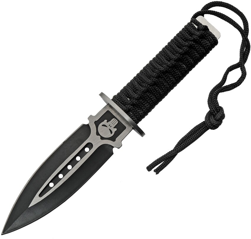 Fixed Knife 5" Two-Tone Finish Stainless Skull  Blade Black Cord Wrapped Handle