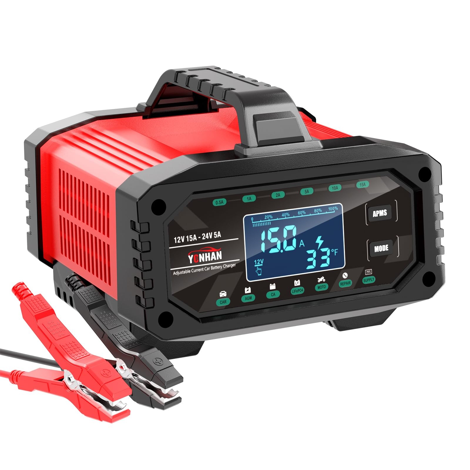 YONHAN Battery Charger 0-15A 12V/24V Adjustable Current LiFePO4 Car Red 15A
