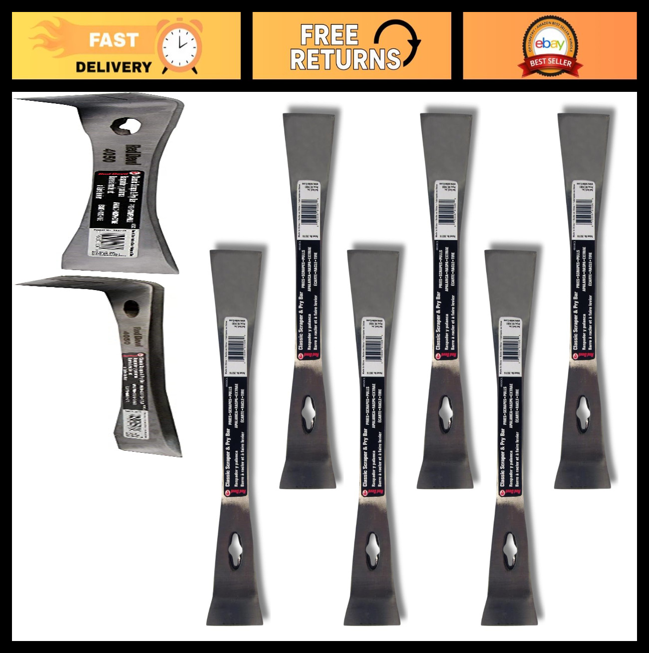 Heavy-Duty Multi-Purpose Scrape & Pry Bar Set - 6 Pack, Hardened Steel, Dual Chi