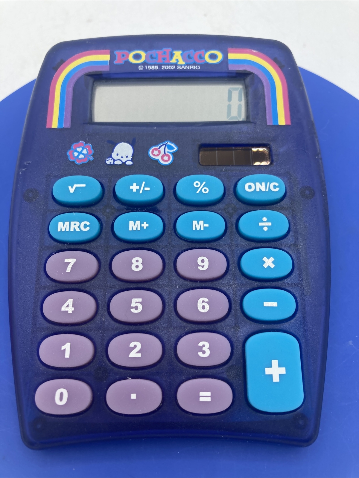 Sanrio Pochacco Vintage Rare Calculator 2002 Y2K Royal Blue Rainbow Solar