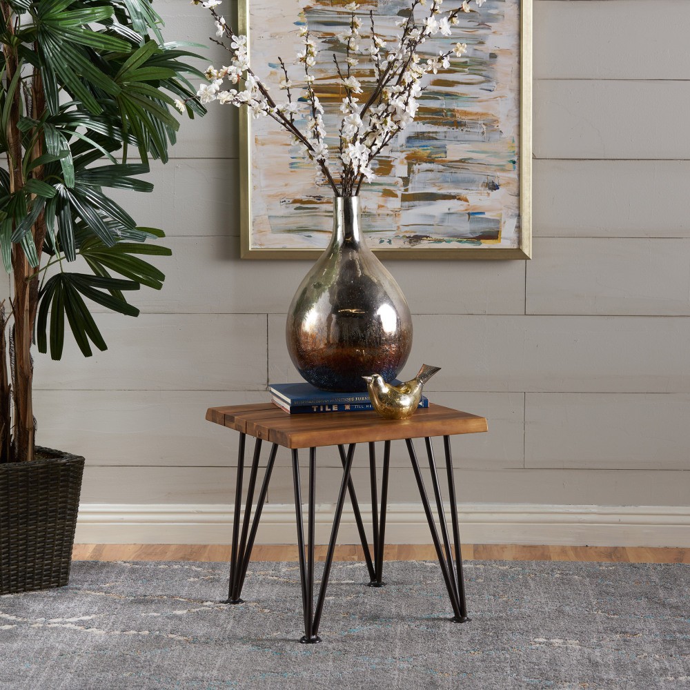 Rustic Acacia Wood Side Table with Iron Legs, Outdoor Patio Backyard