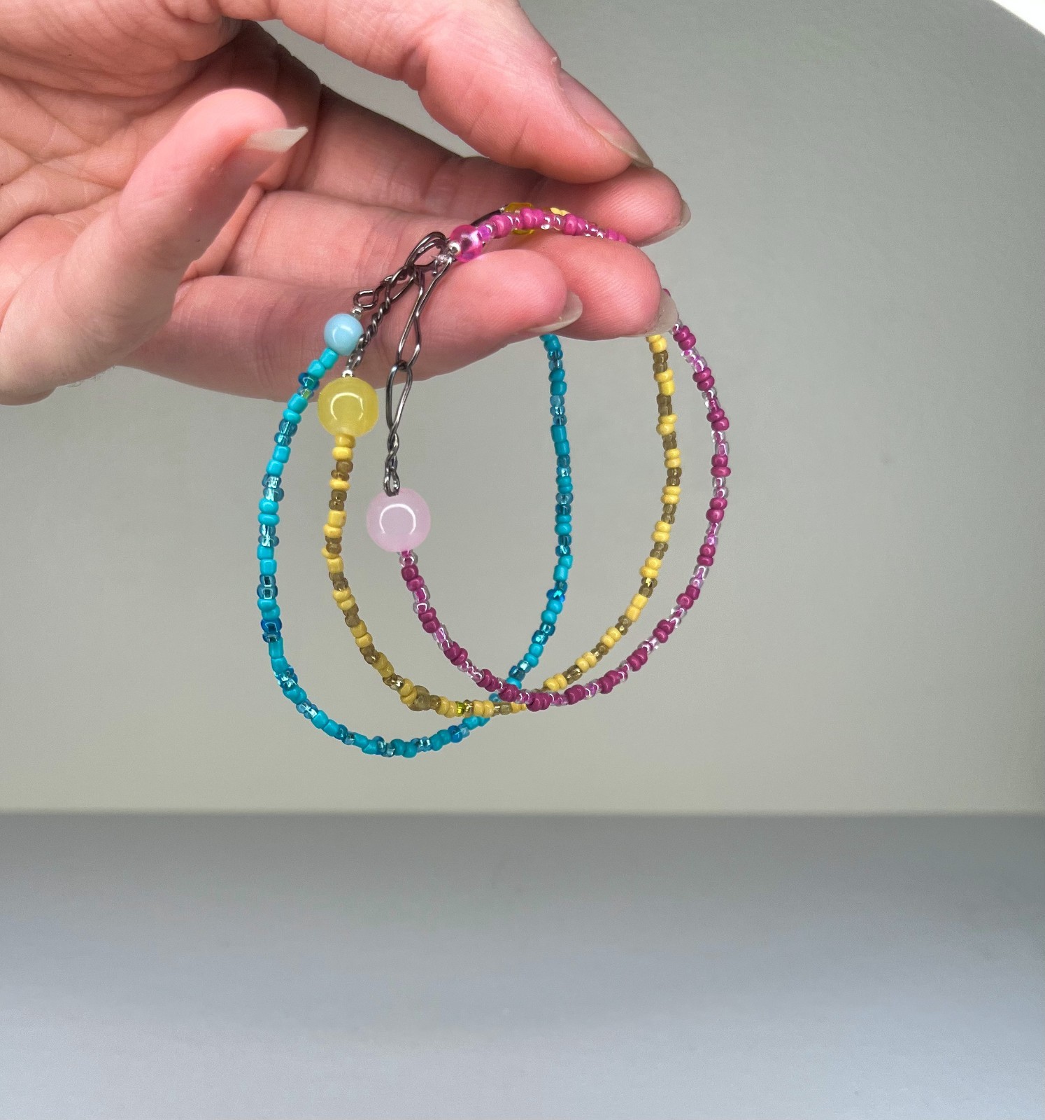 Set of 3 - Handmade Glass seed beaded bracelets - Yellow/Blue/Pink