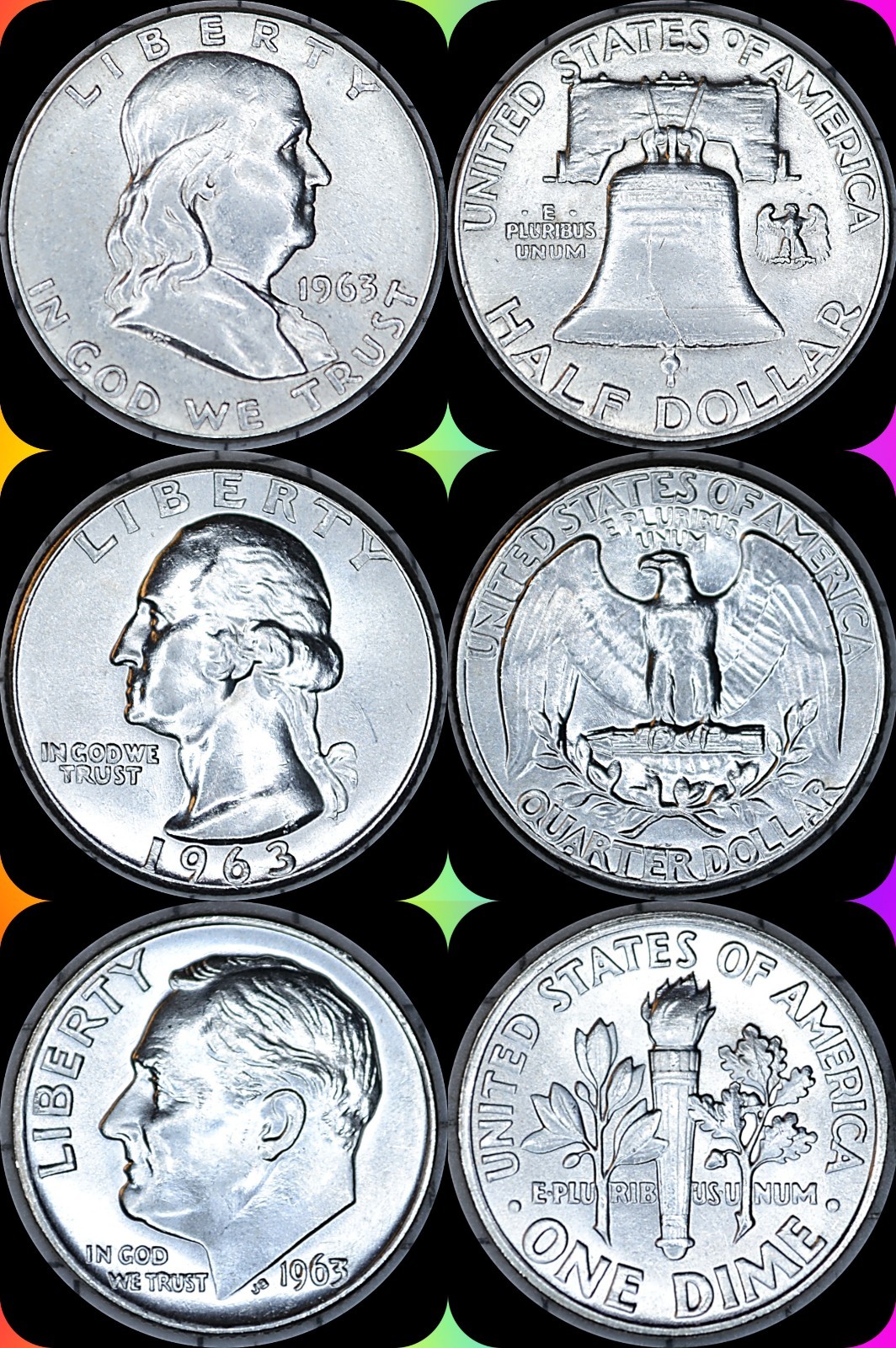 1963-P (Half Dollar, Quarter, Dime) 90% Silver-BU & AU-Brilliant. 3 Coin Set