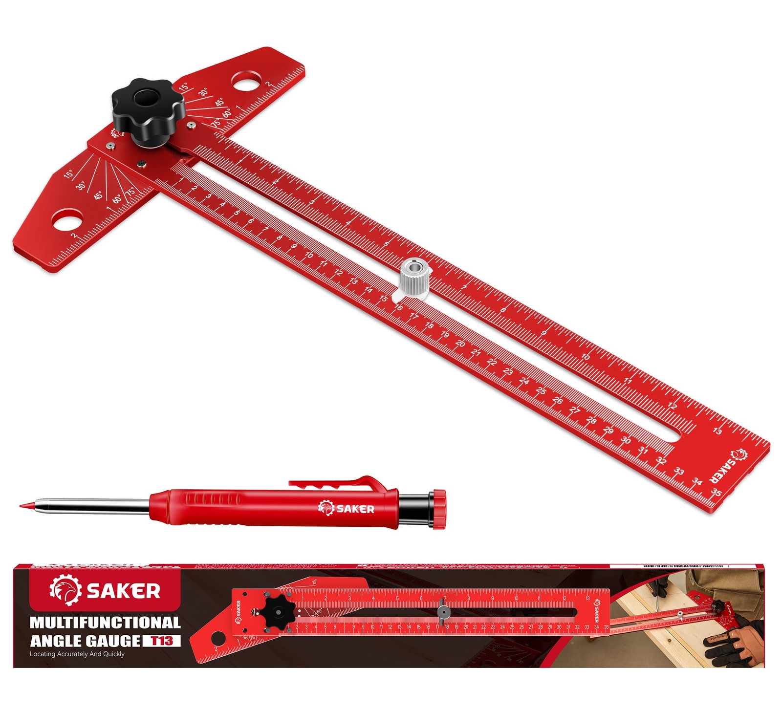 Saker Woodworking Scriber Marking Line Ruler, Adjustable Aluminum Alloy Red