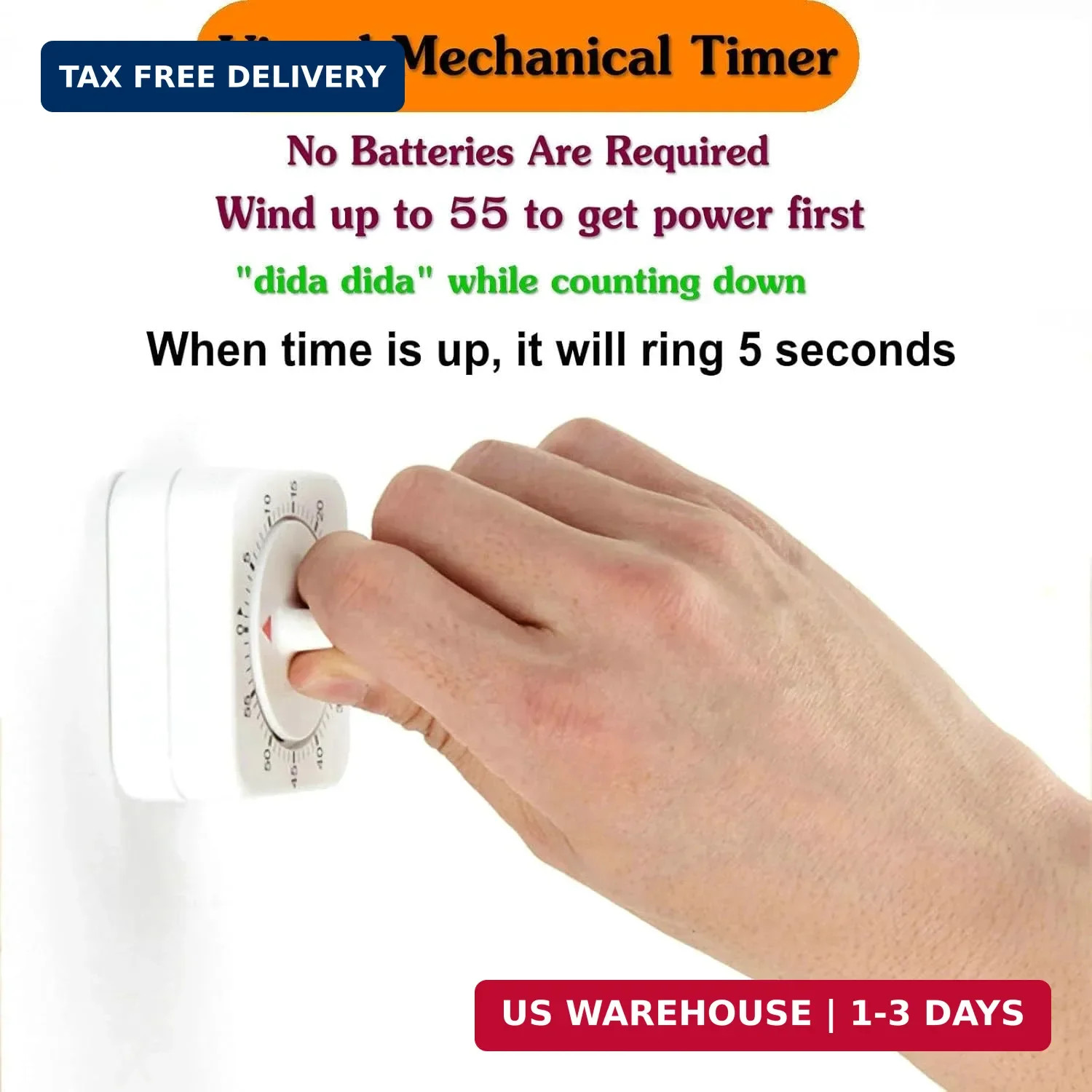 Square 60 Minute Mechanical Kitchen Timer Visual Countdown Loud Alarm White