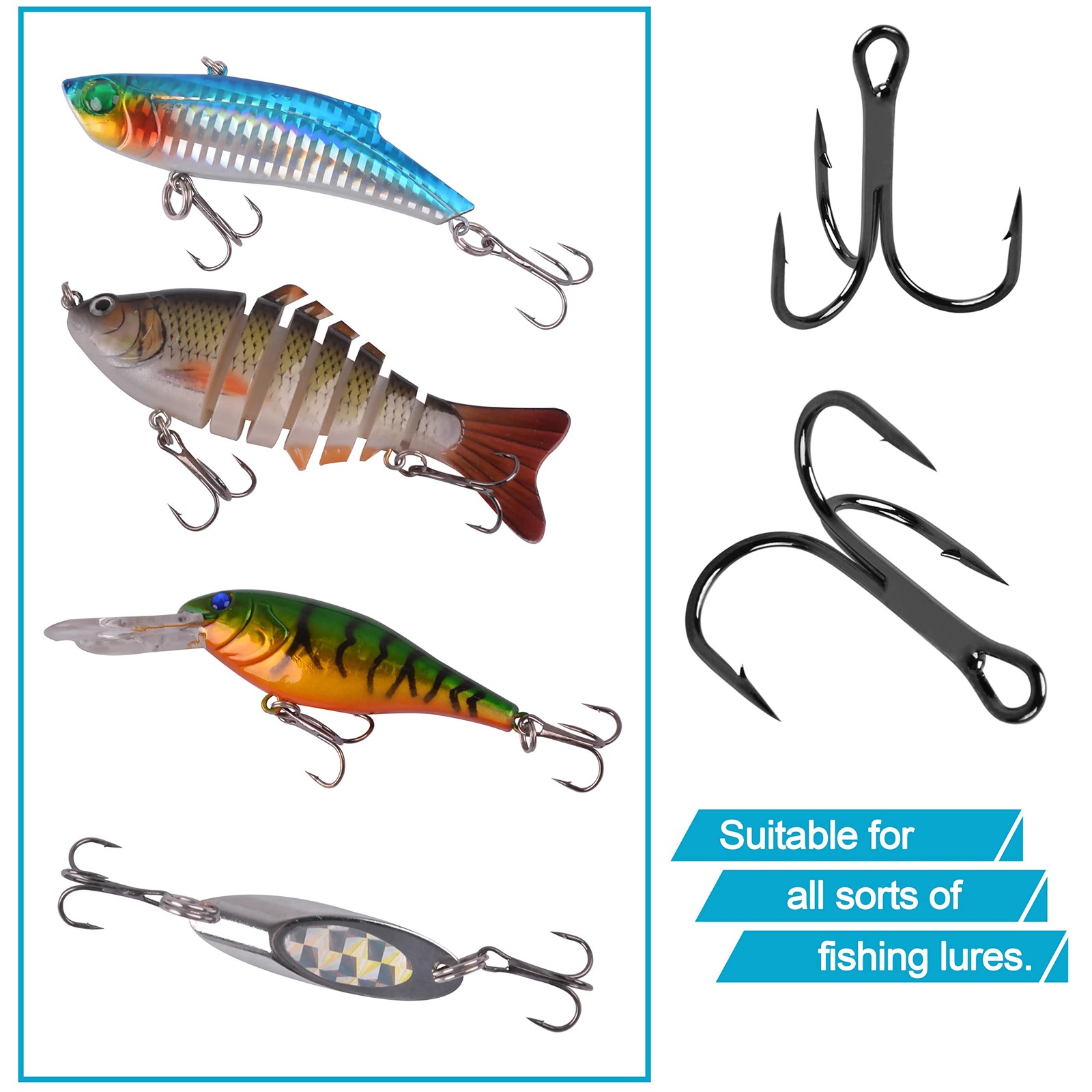 Treble Hooks and Split Rings Kit, 130Pcs Assorted Classic High Medium, black
