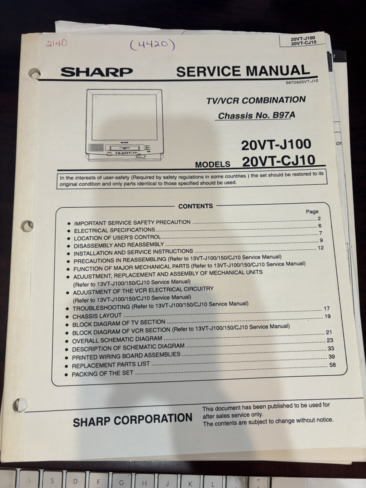 ORIG. SHARP 20VT-J100 20VT-CJ10 Repair Service Manual 2140 2676 *ORIGINAL*