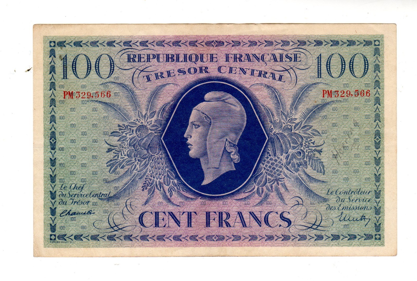 FRANCE TRESOR CENTRAL Billet 100 FRANCS 02/10/1943 P105 WWII MARIANNE XF
