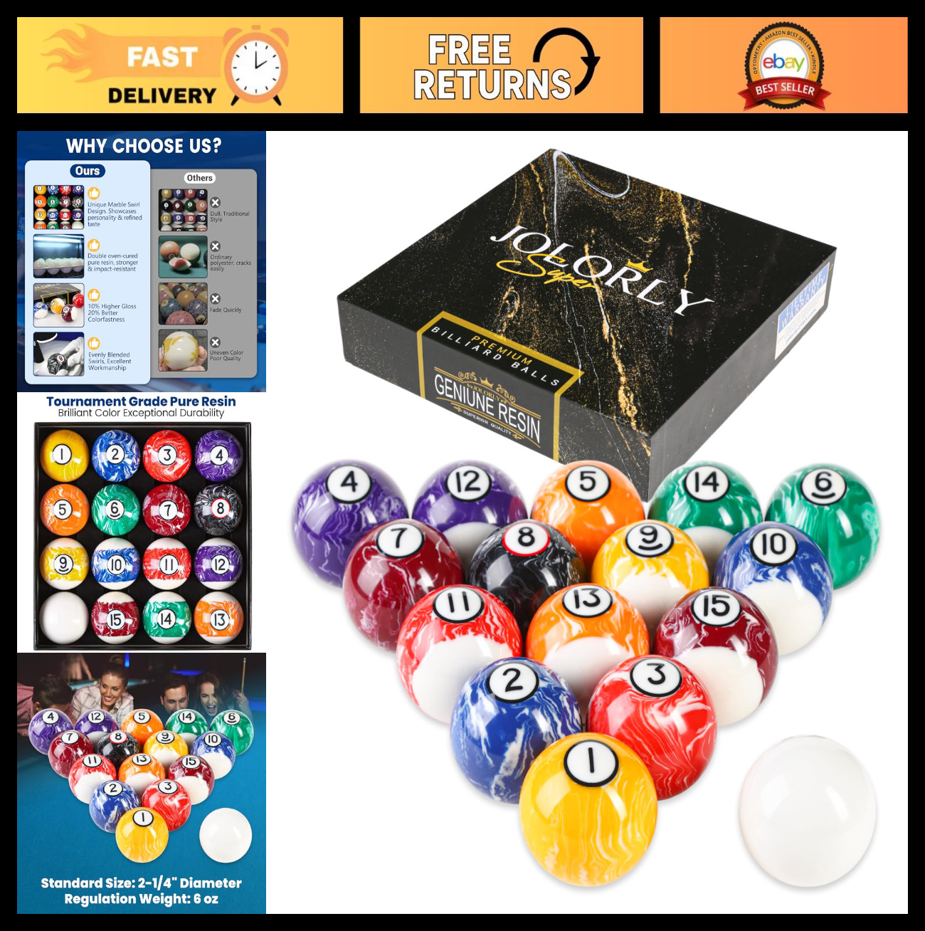 Professional Billiard Pool Balls Set - 2-1/4" Regulation, 6 oz, AAA Grade Resin,