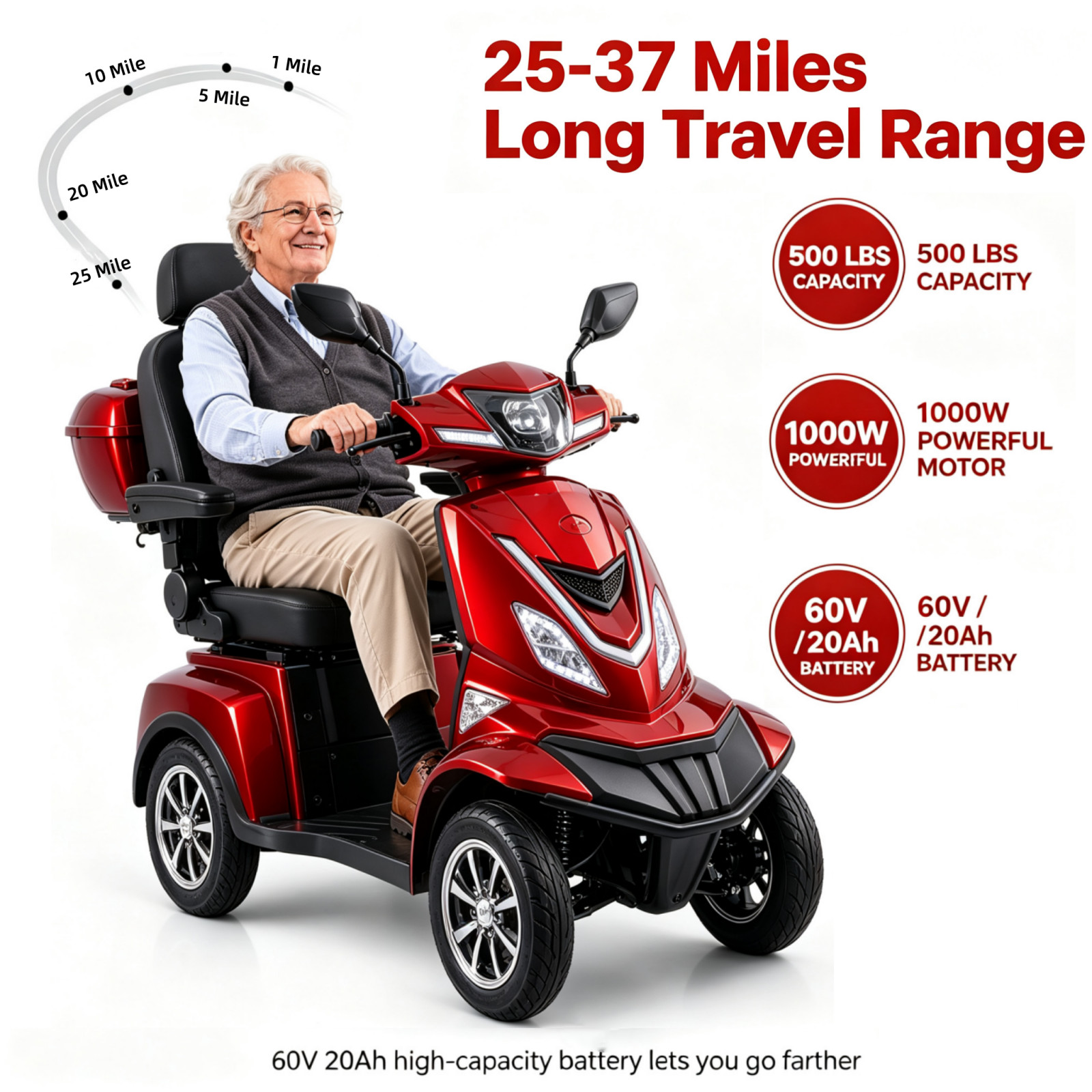 1000W Heavy Duty 4 Wheel Mobility Scooters for Seniors & Adults 500lbs Capacity
