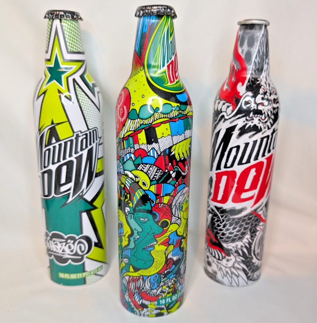 Metal MOUNTAIN DEW Bottles x3 Art Bottles HAZE Hardy Tattoo Style Green Label