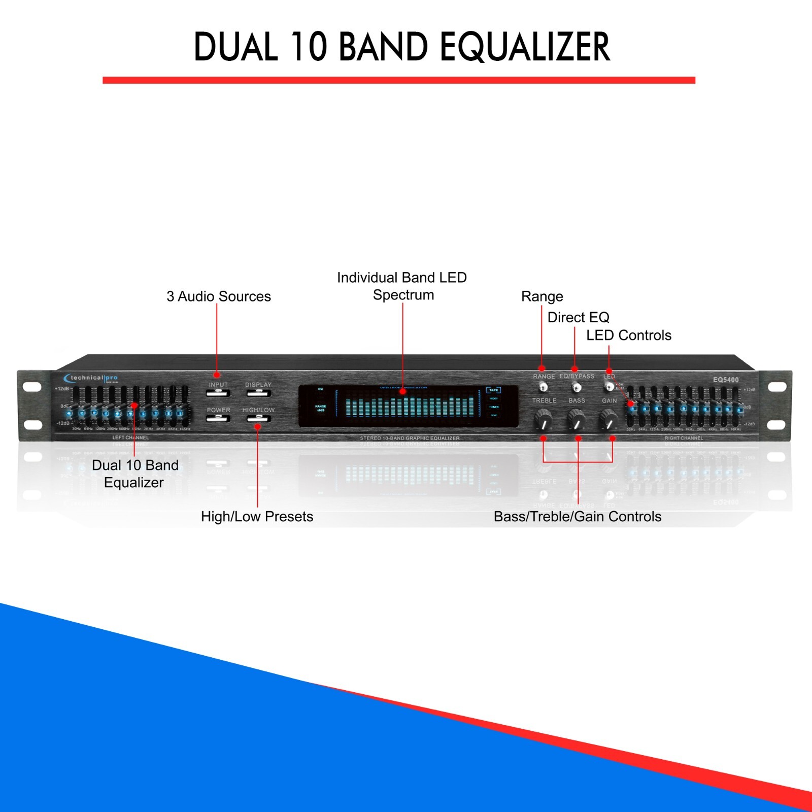 TPro Professional Dual 10 Band Equalizer with Individual LED Indicators