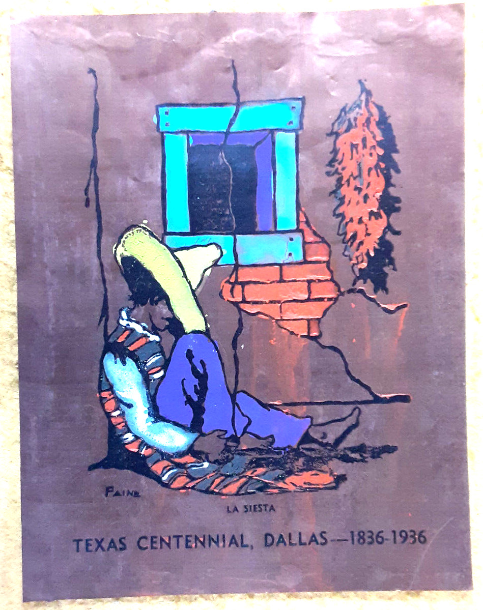 "La Siesta" Multimedia Copper Foil Art by C A Paine; Texas Centennial; 1936; VG+