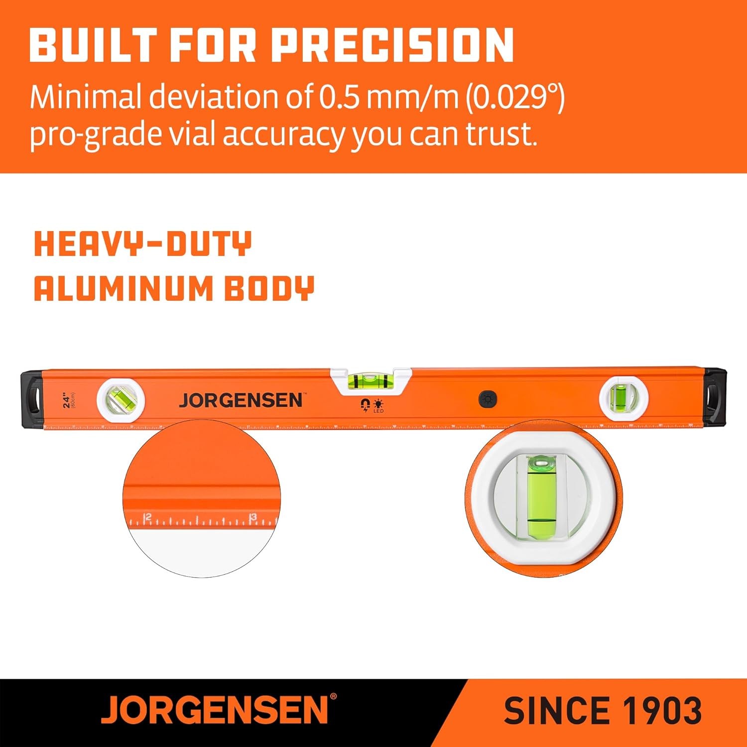 JORGENSEN 24 in Magnetic Torpedo Level Aluminum Spirit Level 45°/90°/180° Bubble