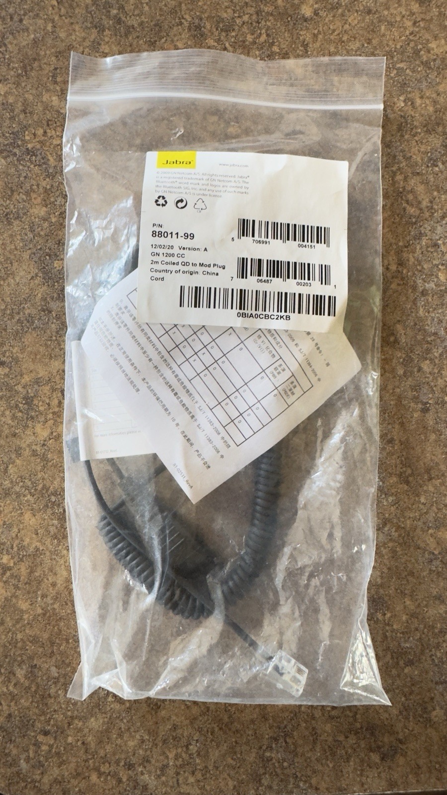 Jabra GN1200 CC 2m Coiled QD to Mod Plug Headset Smart Cable 88011-99 *NEW*