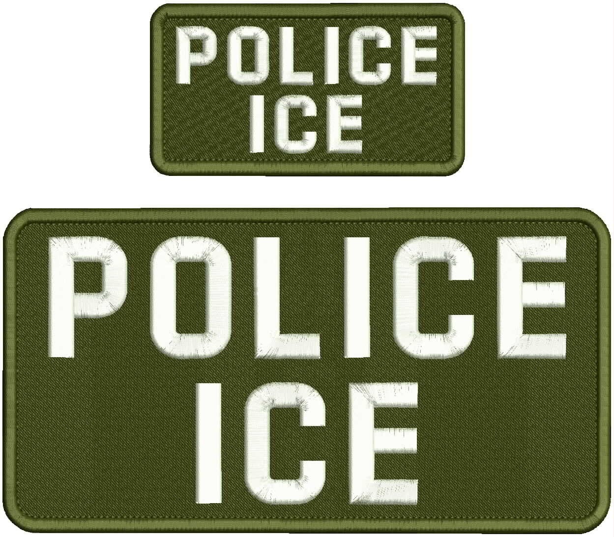 POLICE I C E EMBROIDERY PATCH 10X5 AND 5X2.5 HOOK ON BACK WHITE ON OD GREEN