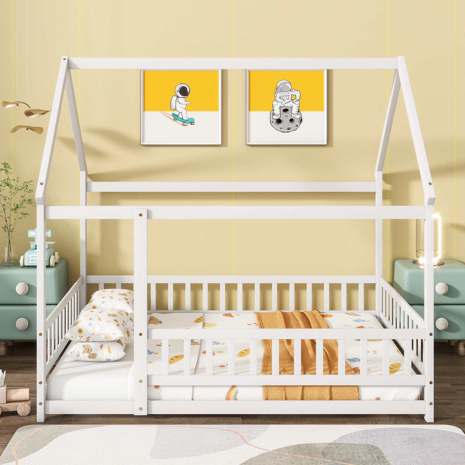 Unbranded Full House Floor Wooden Bed w/ Roof Frame Safety Guardrails White