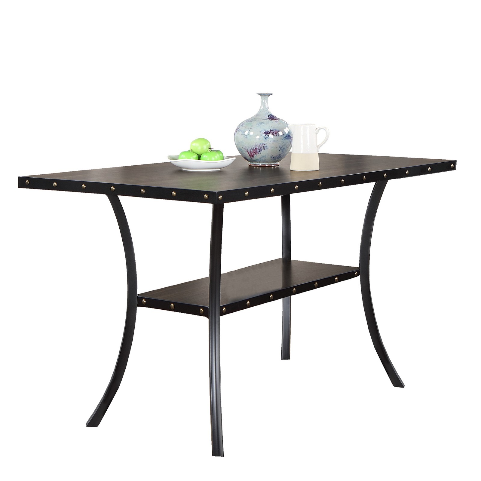 Wooden rectangular dining table, counter height, nail heads and storage racks