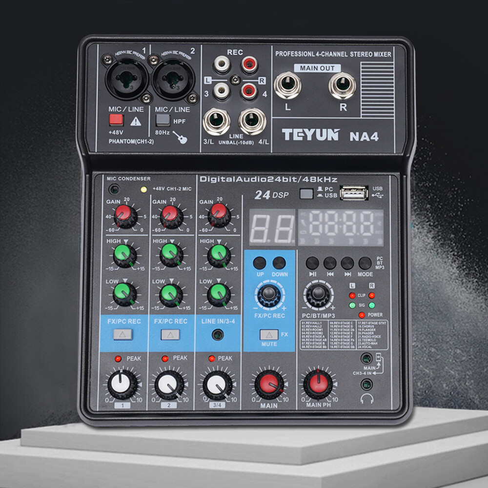 Mini Audio Mixer Bluetooth USB DJ Console 4 Channel Karaoke Live Studio 24 DSP