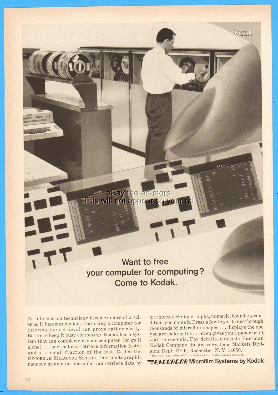 1967 Eastman Kodak Co New York Recordak MIRACODE System Microfilm Computer Ad