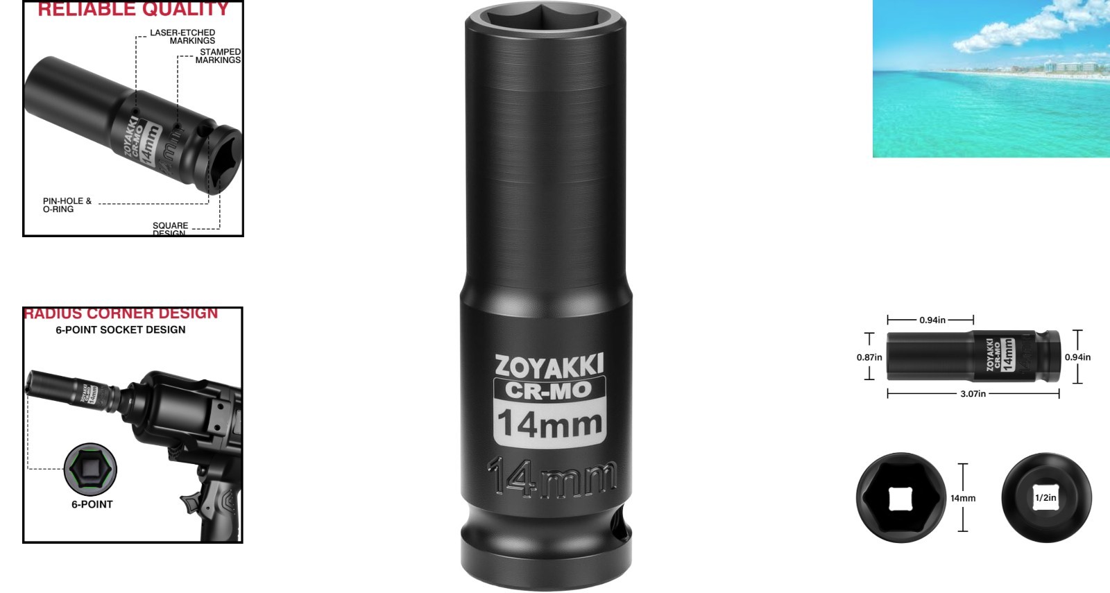 Professional 1/2" Drive 14mm Impact Socket - Durable CR-MO Construction