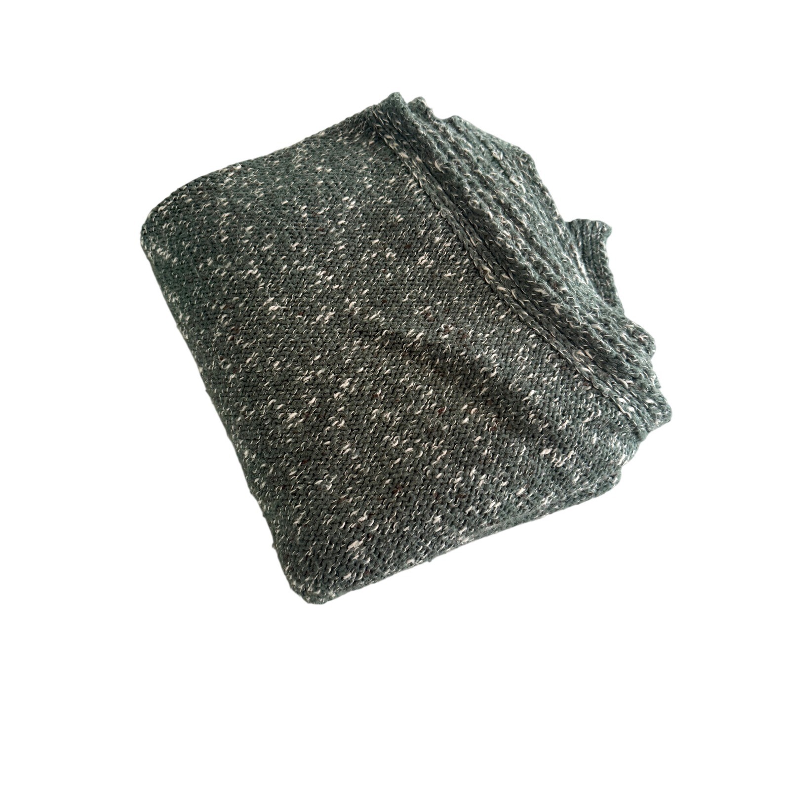 Green Marled Knit Throw Blanket Speckled Ribbed Trim 50x54 Home Decor