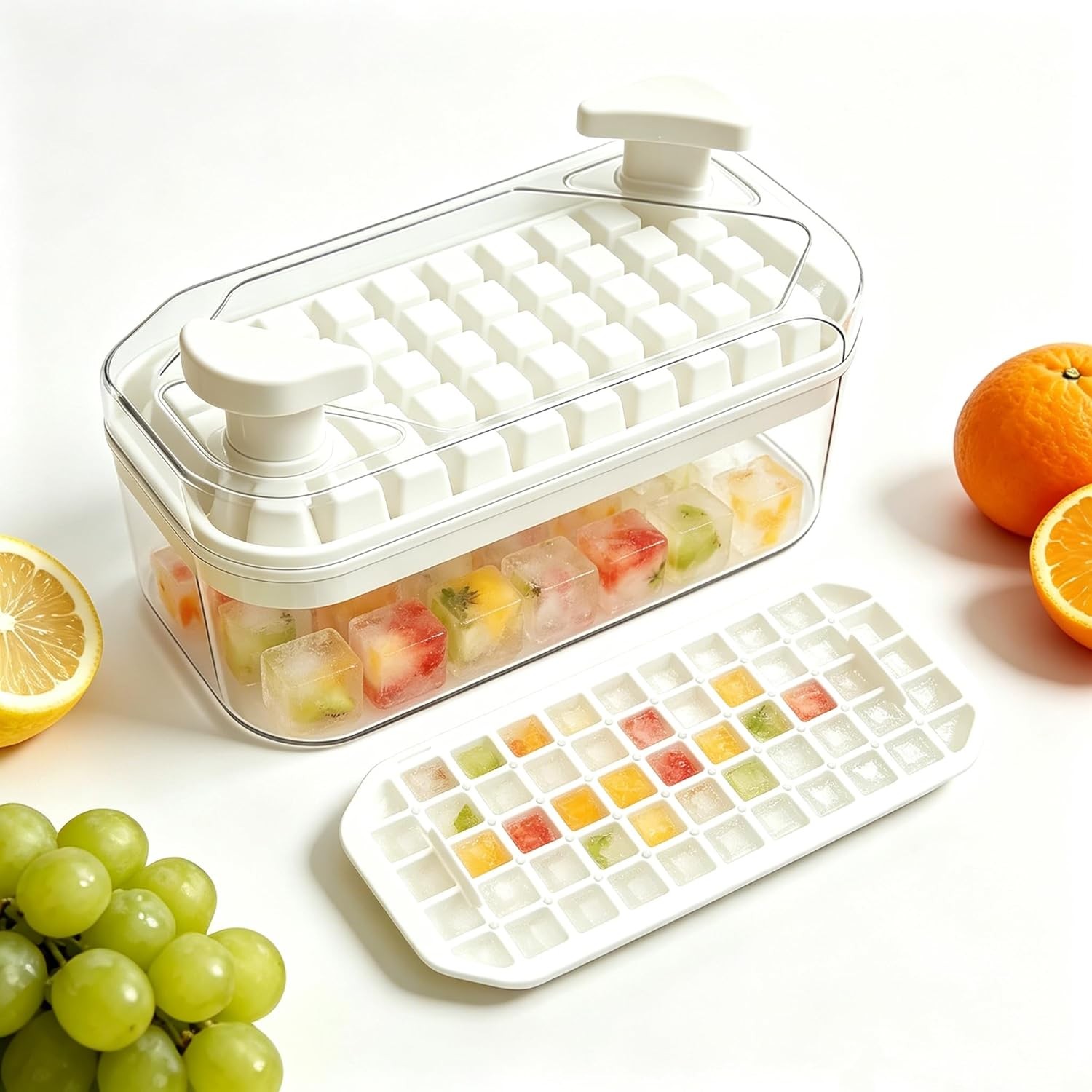 Compact Ice Cube Tray W/ Lid & Bin Mini Press-Type Ice Cube Maker Freezer
