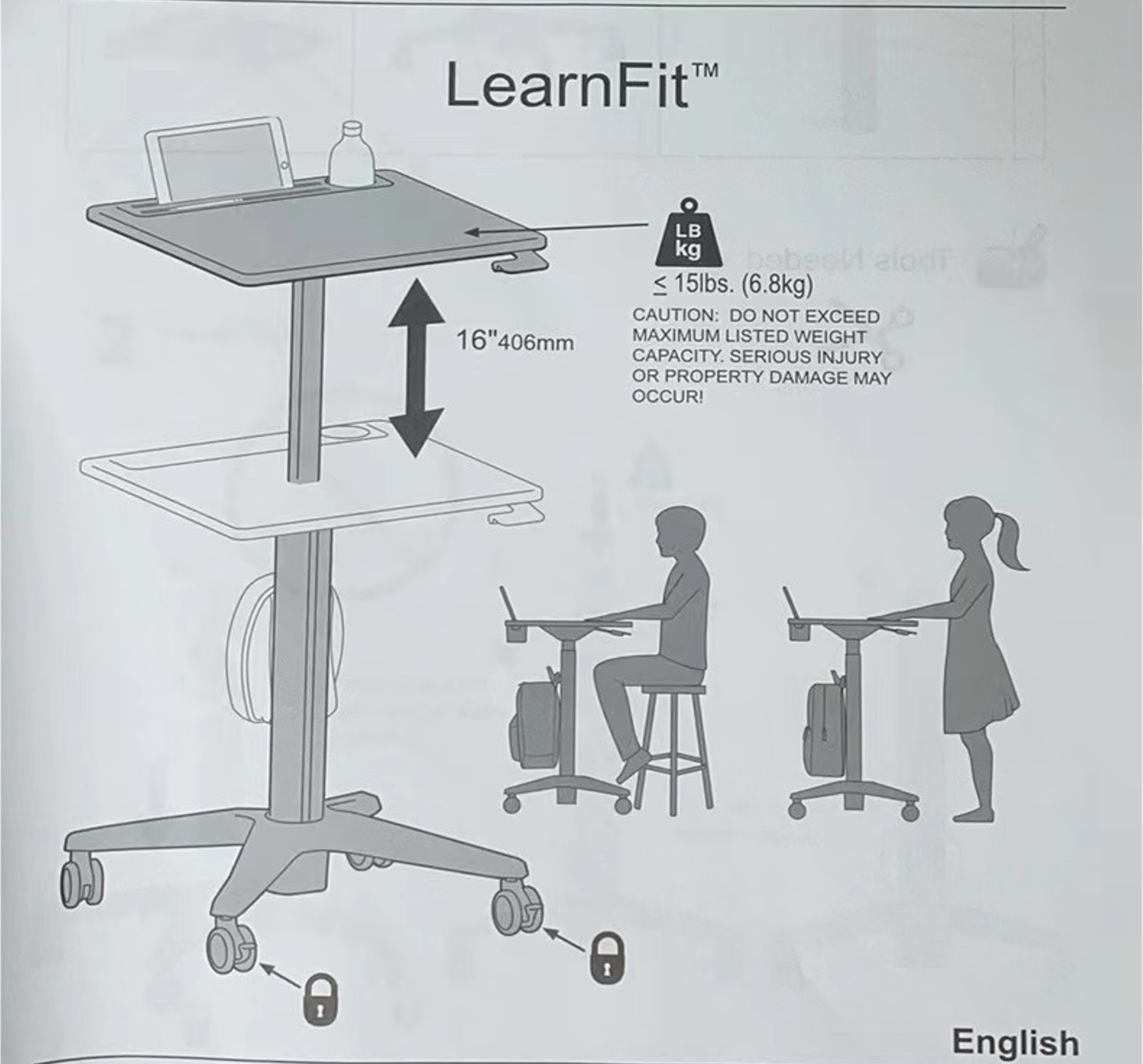Ergotron LearnFit Mobile Standing Desk w Adjustable Height 29-45 inches & Wheels